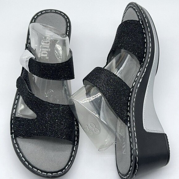 Alegria Sandals Loti Leather Triple Strap Wedge Glitteroti Black US 8 - 8.5 EU38 - Picture 3 of 8